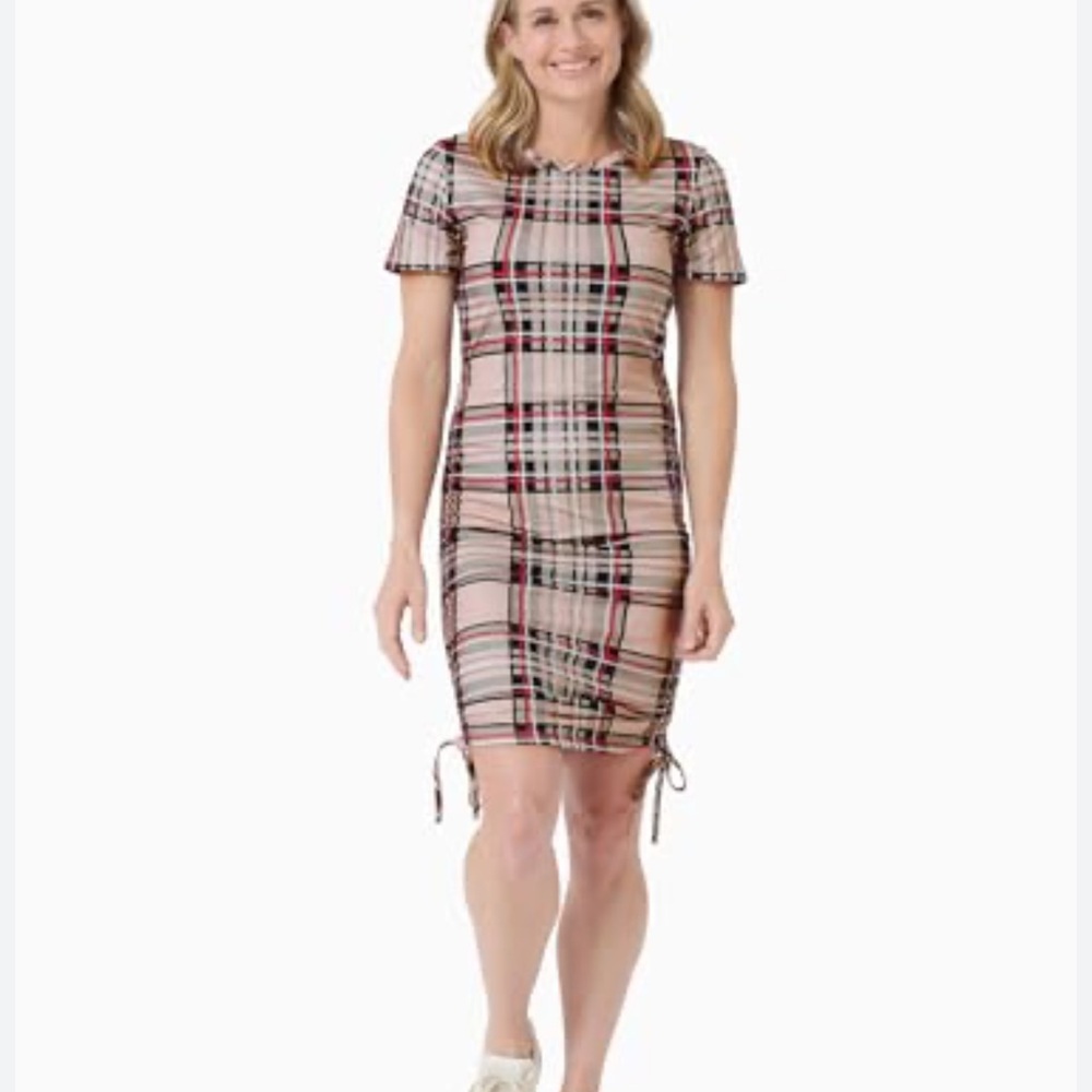 PatPat Plaid Bodycon Midi Dress Short Sleeve Ruched Drawstring Sides NWT